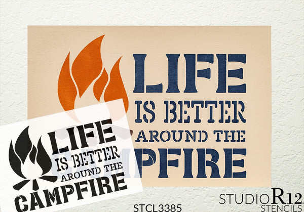 Life is Better Around The Campfire Stencil by StudioR12 | DIY Country Rustic Home Decor | Camping Adventure Word Art | Craft & Paint Wood Sign | Reusable Mylar Template | Select Size