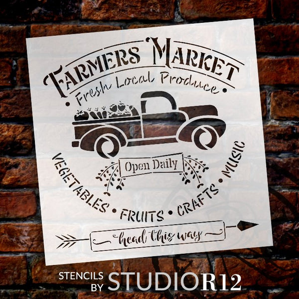 Farmers Market Stencil with Vintage Truck by StudioR12 | DIY Farmhouse Kitchen Home Decor | Open Daily | Paint Wood Sign | Select Size