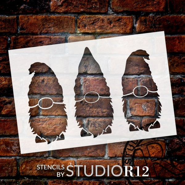 Three Gnomes Stencil by StudioR12 | DIY Seasonal Home Decor | Reusable Gnome Template | Crafting & Painting | Select Size | STCL5596
