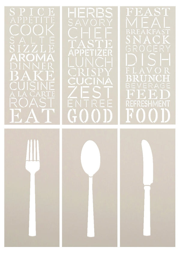 Silverware with Kitchen Background Words Stencil - 6 Part by StudioR12 | Reusable Mylar Template | Use for Painting Wood Signs - DIY Kitchen & Dining Decor - Mixed Media | Select Size | STCL2491