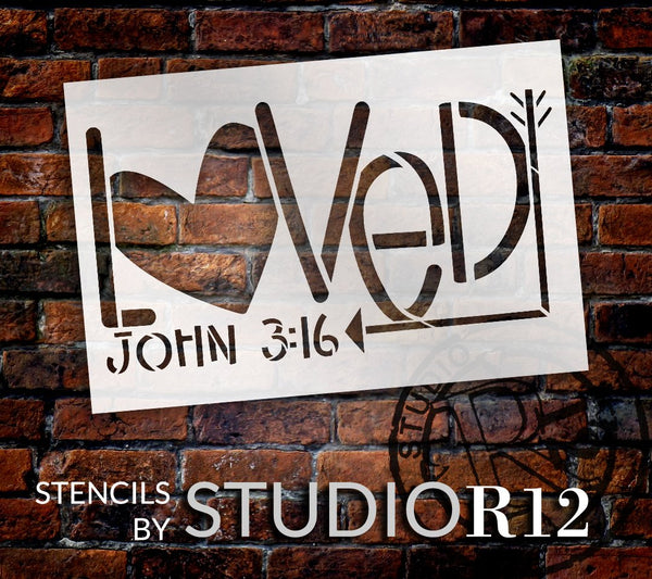 Loved John 3:16 Stencil with Heart & Arrow by StudioR12 | DIY Faith Home Decor | Craft & Paint Valentine's Wood Signs | Select Size | STCL5558