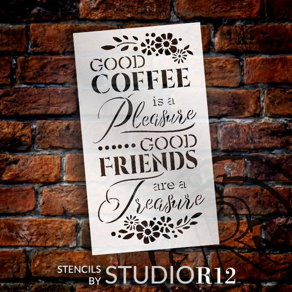 Coffee Pleasure Friends Treasure Stencil by StudioR12 | DIY Kitchen Cafe Home Decor | Craft & Paint Wood Sign | Reusable Mylar Template | Select Size | STCL5795