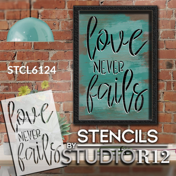 Love Never Fails Script Stencil by StudioR12 | Craft DIY Religious Home Decor | Paint Faith Wood Sign | Reusable Mylar Template | Select Size | STCL6124