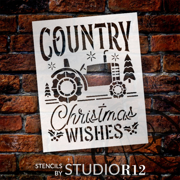 Country Christmas Wishes Stencil with Tractor by StudioR12 - Select Size - USA Made - DIY Vintage Holiday Home Decor - Craft & Paint Retro Farmhouse Wood Signs - STCL7137