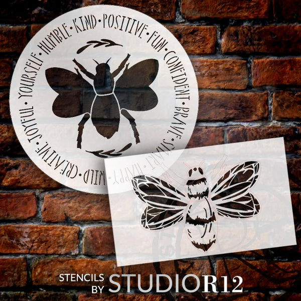 2 Part Bee Stencil with Positive Affirmations by StudioR12 | DIY Inspirational Spring Home Decor | Craft & Paint Signs | Select Size | STCL5689