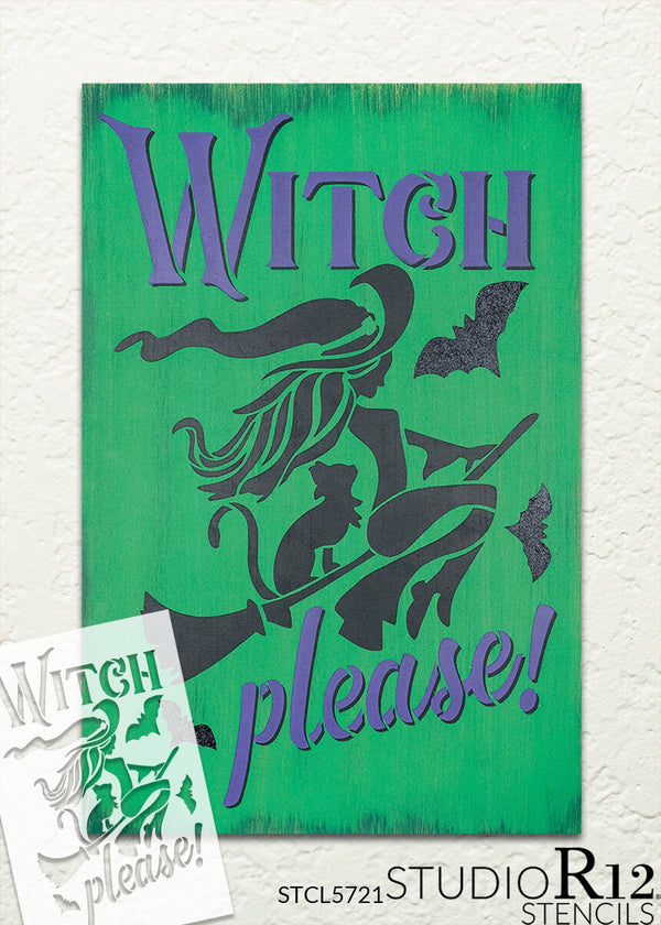 Witch Please Stencil by StudioR12 | Bat - Broomstick - Cat | Craft DIY Halloween Home Decor | Paint Wood Sign | Reusable Mylar Template | Select Size | STCL5721