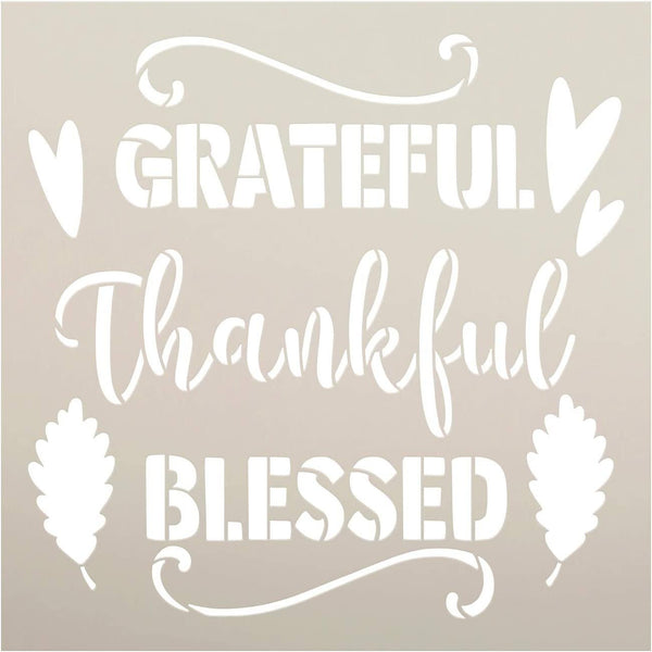 Grateful Thankful Blessed Stencil by StudioR12 | DIY Autumn Farmhouse Home Decor | Craft & Paint Wood Sign | Reusable Mylar Template | Leaves Cursive Script Gift | Select Size