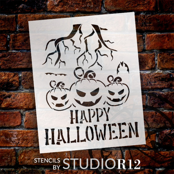 Happy Halloween w/ Scary Pumpkins & Bats Stencil by StudioR12 - Select Size - USA Made - Craft DIY Spooky Fall Home Decor | Paint Entryway Wood Sign | STCL6570