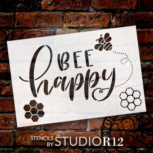 Bee Happy Script Stencil by StudioR12 | Craft DIY Spring Home Decor | Paint Inspirational Wood Sign | Reusable Mylar Template | Select Size | STCL6048