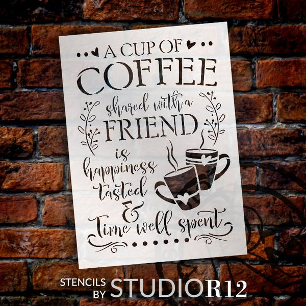 Coffee with Friend - Happiness Tasted Stencil by StudioR12 | DIY Kitchen Home Decor | Craft & Paint Wood Sign | Reusable Mylar Template | Select Size | STCL5798