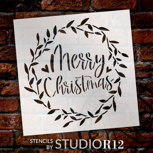 Merry Christmas in Mistletoe Wreath Stencil by StudioR12 | Craft DIY Modern Home Decor | Paint Winter Wood Sign | STCL6671 | Select Size