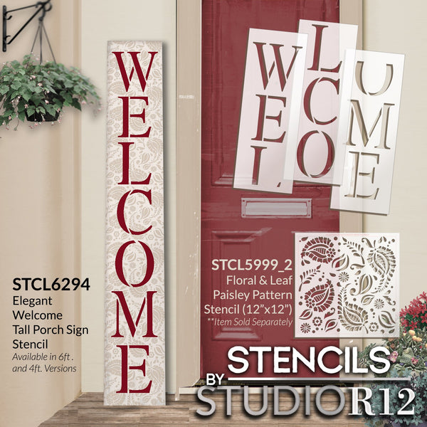 Elegant Serif Welcome Stencil by StudioR12 | DIY Outdoor Farmhouse Home Decor | Craft Vertical Wood Leaner Signs | Select Size | STCL6294