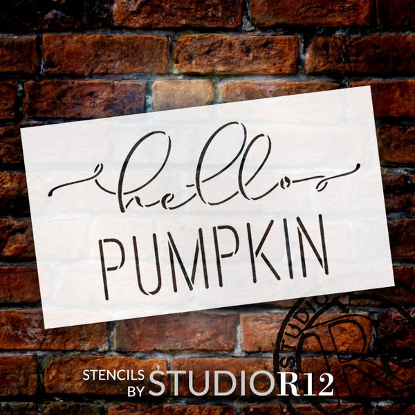 Hello Pumpkin Cursive Script Stencil by StudioR12 | DIY Autumn Fall Home Decor | Craft & Paint Wood Sign | Reusable Mylar Template | Select Size | STCL5733