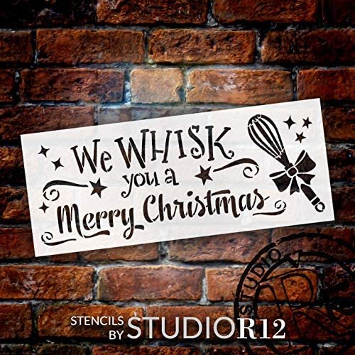 Whisk You A Merry Christmas Stencil by StudioR12 | DIY Holiday Kitchen Cooking Home Decor | Craft & Paint Wood Sign Reusable Mylar Template | Starry Ribbon Bow | Select Size | STCL3627