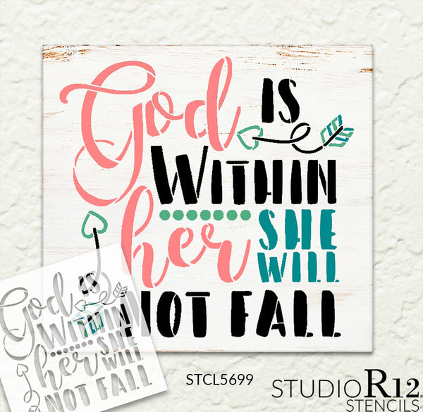 God is Within Her She Will Not Fall Stencil by StudioR12 | Psalm 46 Bible Verse Quote | DIY Home Decor for Women - Girls | Craft & Paint Encouraging Wood Sign | Reusable Mylar Template | SELECT SIZE | STCL5699
