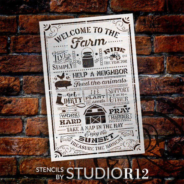 Welcome to The Farm Stencil by StudioR12 - Select Size - USA Made - Craft DIY Farmhouse Country Home Decor | Paint Family Wood Sign | Reusable Mylar Template | STCL6550