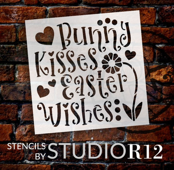 Bunny Kisses Easter Wishes Stencil with Flower & Hearts by StudioR12 | DIY Farmhouse Spring Home Decor | Paint Wood Signs | Select Size | STCL5621