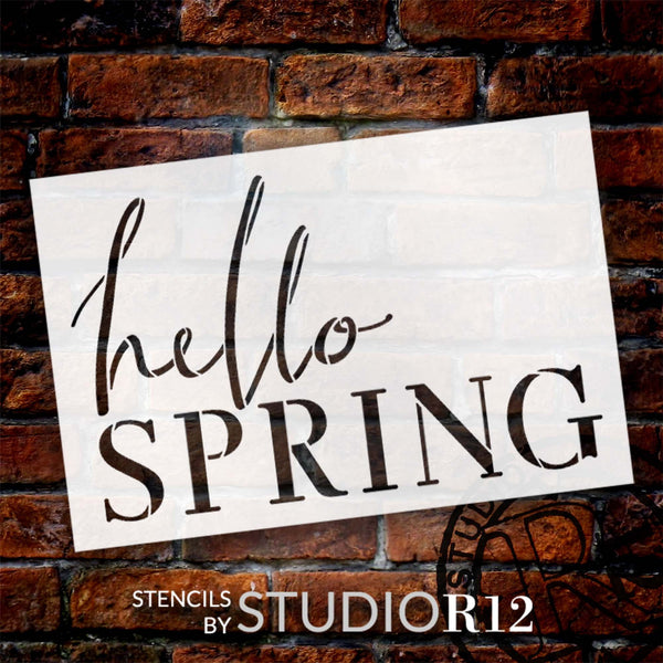 Simple Hello Spring Stencil by StudioR12 | Craft DIY Spring Home Decor | Paint Seasonal Wood Sign | Reusable Mylar Template | Select Size | STCL6210