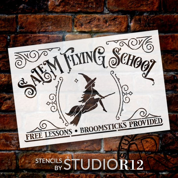 Salem Flying School -Stencil by StudioR12 | DIY Witch Broomstick Halloween Home Decor | Craft & Paint Wood Sign | Reusable Mylar Template | Select Size STCL5158