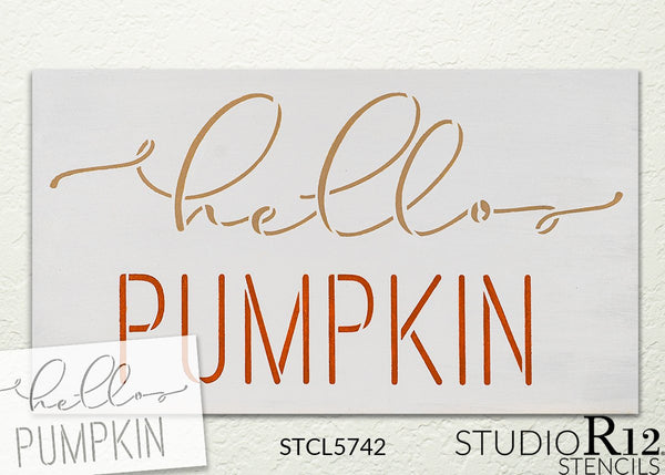 Hello Pumpkin Cursive Script Stencil by StudioR12 | DIY Autumn Fall Home Decor | Craft & Paint Wood Sign | Reusable Mylar Template | Select Size | STCL5733