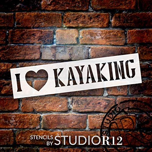 I Love Kayaking Stencil with Heart by StudioR12 | DIY Rustic Lake Home & River Cabin Decor | Camping Adventure Word Art | Paint Wood Signs |  Select Size | STCL3393