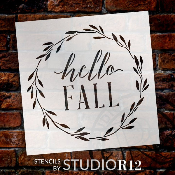 Hello Fall Wreath Stencil by StudioR12 | DIY Autumn Leaves Cursive Script Home Decor | Craft & Paint Wood Sign | Select Size | STCL5730