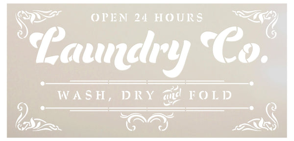 Open 24 Hours Vintage Laundry Room Stencil by StudioR12 | Filigree Accents | Wash, Dry, & Fold | DIY Kitchen Decor | Paint Rustic Sign | Select Size | STCL6261