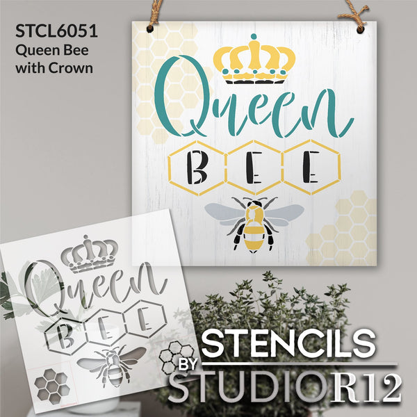 Queen Bee with Crown Stencil by StudioR12 | Craft DIY Inspirational Home Decor | Paint Spring Wood Sign | Reusable Mylar Template | Select Size | STCL6051
