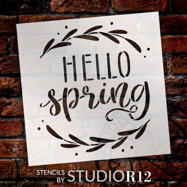 Hello Spring with Laurels Stencil by StudioR12 | Craft DIY Spring Home Decor | Paint Wood Sign | Reusable Mylar Template | Select Size | STCL6131
