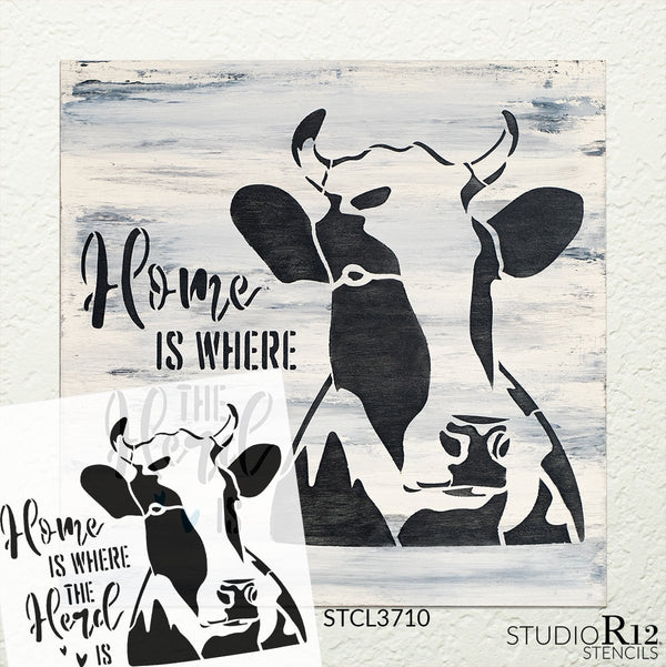 Home - Where The Herd is Stencil by StudioR12 | DIY Cow Farmhouse Home Decor | Craft & Paint Wood Sign | Reusable Mylar Template | Rural Country Gift Kitchen Barn | Select Size