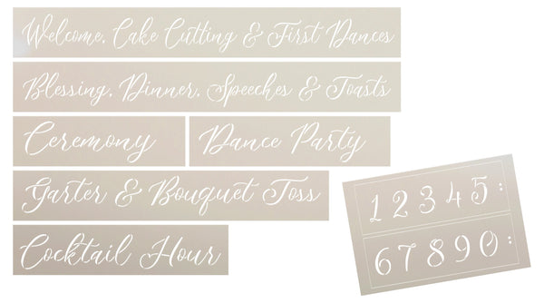 Script Wedding Schedule Stencil Set for Wood Pallet by StudioR12 | DIY Rustic Reception Decor | Craft & Paint Ceremony Sign Decorations | Set of 7