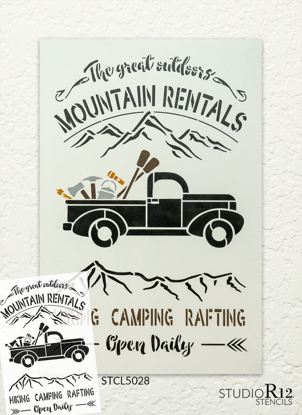 Outdoor Mountain Rentals Stencil by StudioR12 | DIY Hiking & Camping Vintage Truck Home Decor | Paint Country Wood Signs | Select Size