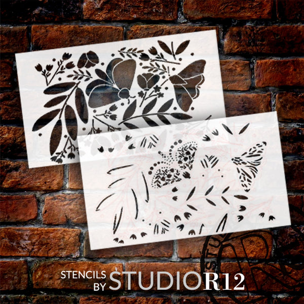 Nature Leaf Moth Flowers 2-Part Stencil by StudioR12 | DIY Floral Home Decor | Craft & Paint Wood Sign | Reusable Mylar Template | Select Size | STCL5920