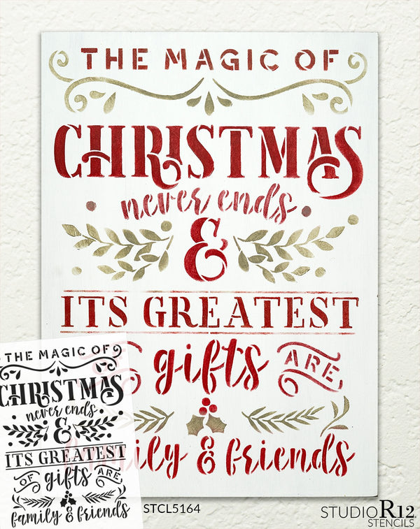 Magic Christmas Never Ends - Family & Friend Stencil by StudioR12 | DIY Home Decor Gift Craft & Paint Wood Sign | Reusable Mylar Template Select Size