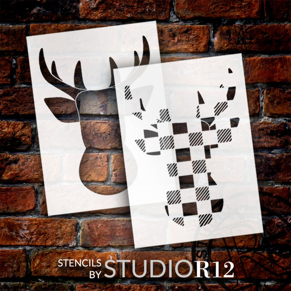 Buffalo Plaid Deer Head 2-Part Stencil by StudioR12 | Craft DIY Winter Holiday Home Decor | Paint Wood Sign Reusable Mylar Template | Select Size | STCL5892