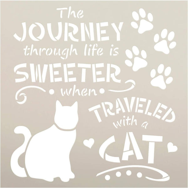 Journey Sweeter Traveled with Cat Stencil by StudioR12 | DIY Kitten Lover Home Decor | Craft & Paint Wood Sign | Reusable Mylar Template | Pawprint Heart Gift | Select Size