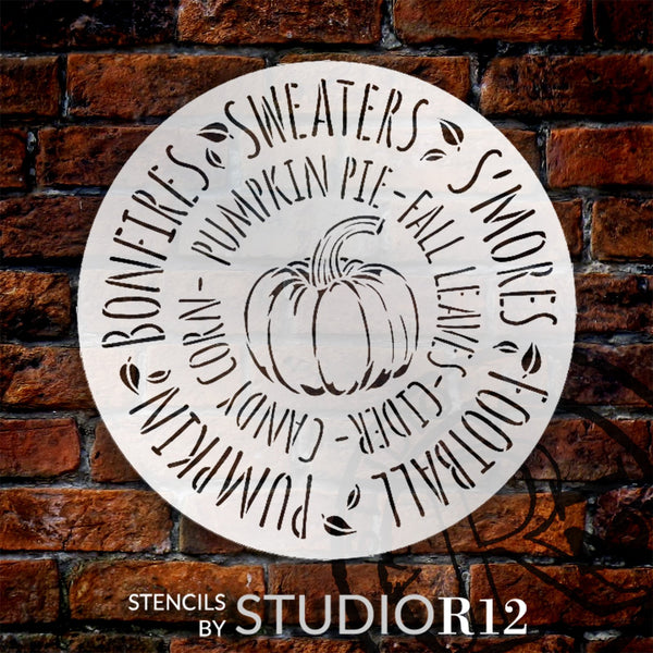 Fall Word Art Round Stencil with Pumpkin by StudioR12 - Select Size - USA Made - Leaves Bonfires Sweaters Cider - DIY Autumn Front Door Hanger Sign - STCL7082
