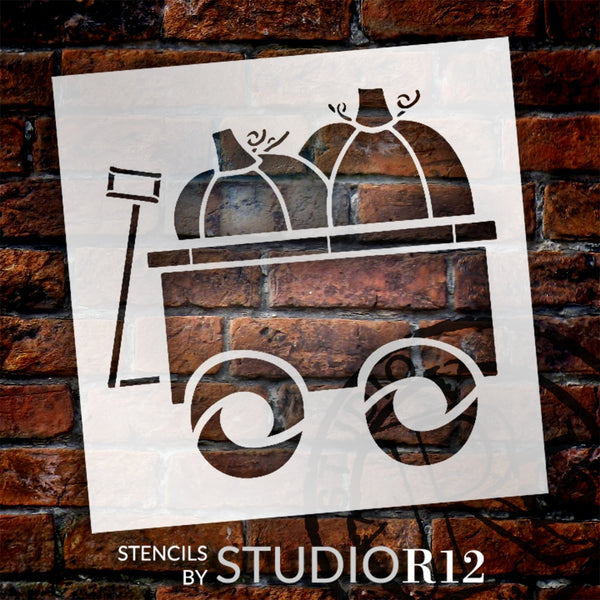 Pumpkin Wagon Stencil by StudioR12 | DIY Autumn Garden Cart Home Decor | Craft & Paint Fall Farmhouse Wood Sign | Reusable Mylar Template | Select Size | STCL5868