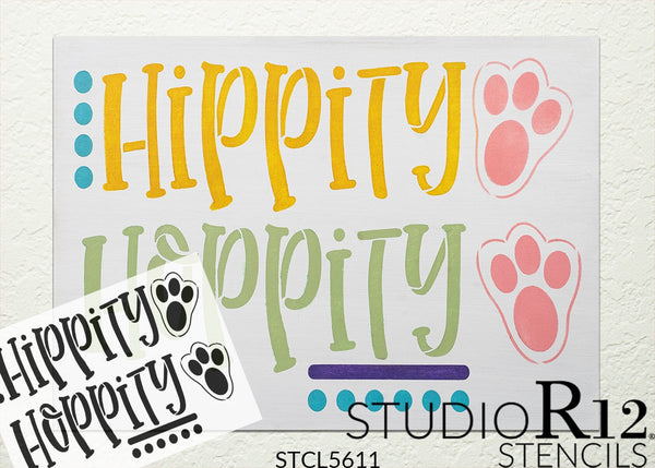 Hippity Hoppity Stencil with Paw Print by StudioR12 | DIY Easter Bunny Home Decor | Paint Spring Farmhouse Wood Sign | Select Size | STCL5611