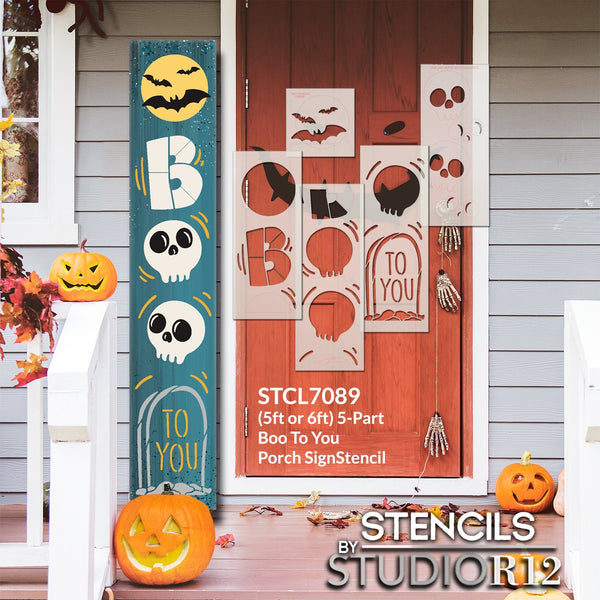 Boo to You Tall Porch Sign Stencil by StudioR12 - Select Size - USA Made - DIY Spooky Skull Vertical Leaner Signs for Halloween - Craft & Paint Outdoor Fall Decor - STCL7089