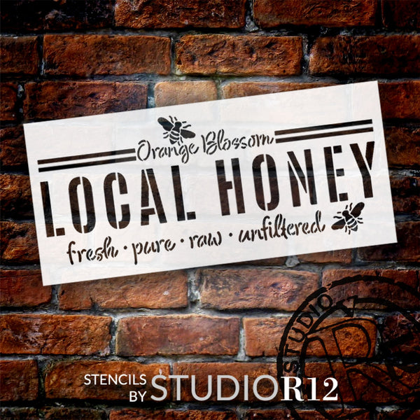 Orange Blossom Local Honey with Bee Stencil by StudioR12 | Beehive, Farmer's Market | Craft DIY Living Room Decor | Easy Painting Ideas | Select Size | STCL6374
