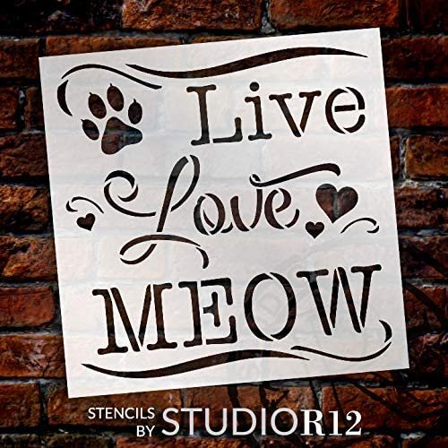 Live Love Meow Stencil by StudioR12 | DIY Pet Cat Lover Home Decor | Craft & Paint Wood Sign | Reusable Mylar Template | Kitten Paw Print Heart Cursive Script | Select Size | STCL3776
