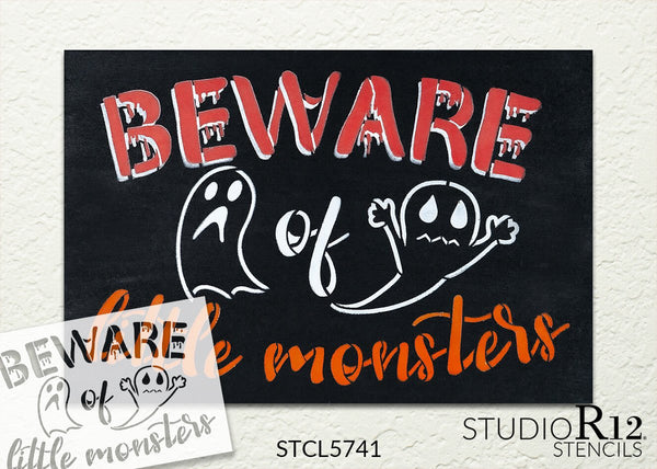 Beware of Little Monsters Stencil by StudioR12 | DIY Fall Ghost Halloween Home Decor | Craft & Paint Wood Sign | Reusable Mylar Template | Select Size | STCL5741